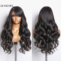 Graceful Natural Black Body Wave with Bangs 5x5 Closure Lace Glueless C Part Long Wig - US Only