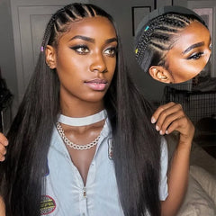 PreMax Wigs | 200% Density Natural Black Left Side Braids Straight 13x4 Frontal HD Lace Long Wig - US Only