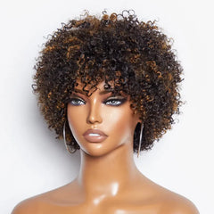 Dark Red / Blonde Highlights / Natural Black Afro Curls Glueless Ready to Go Wig Beginner Friendly - US Only