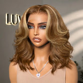 Honey Blonde Highlight Middle Part Bouncy Loose Wave Glueless 13x4 Frontal Lace Human Hair Wig