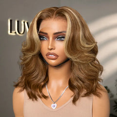 Honey Blonde Highlight Middle Part Bouncy Loose Wave Glueless 13x4 Frontal Lace Human Hair Wig