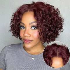 Trendy Burgundy Curly Bob Glueless Minimalist HD Lace T Part 99J Hair Color Wig 100% Human Hair - US Only