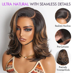 Brown Highlight Layered Wavy Butterfly Haircut Glueless Minimalist HD Lace Wig Pre-Cut Lace