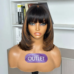 Outlet | Brown Highlight Yaki Bob Glueless Minimalist Lace Bob Wig with Bangs Breathable Cap