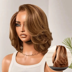 Toffee Brown Mix Blonde / Brown Highlight Layered Cut Glueless 5x5 Closure Lace Bob Wig Pre-cut Lace All-Day Comfort Cap