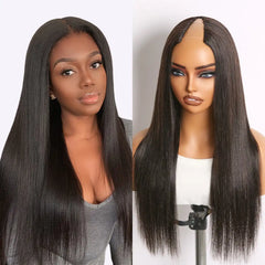 True Scalp Yaki Straight / Kinky Straight V Part Glueless Human Hair Wig Flexi-Fit Drawstring