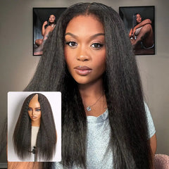 True Scalp Kinky Straight V Part Glueless Human Hair Wig Flexi-Fit Drawstring
