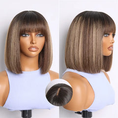 Beginner Friendly Honey Blonde Highlight Yaki Blunt Cut Bob Glueless Minimalist Lace Bob Wig with Bangs