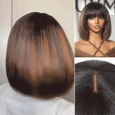 Put On and Go Ash Blonde Highlight / Brown Highlight / Natural Black Layered Cut Yaki Straight Minimalist Lace Bob Wig