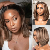 Blonde Highlight / Brown Highlight Short Layered Bob Wig Glueless 5x5 Closure Pre-Cut Lace Wig