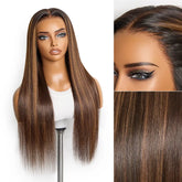 PreMax Wigs - Chestnut Brown with Honey Blonde Highlights Silky Straight 13x4 Frontal Lace Glueless Long Wig Pre-Cut Lace