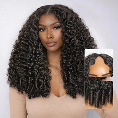 True Scalp V Part 180% Density Burmese Curly Finger Coil Ends Glueless Human Hair Wig with Flexi-Fit Drawstring