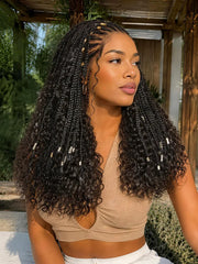 Natural Black Boho Cornrow Braids 13x4 Frontal Lace Deep Curly Long Wig Pre-cut Lace