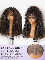 Beginner Friendly 200% Density Kinky Curly with Bangs Glueless 5x5 Closure Pre-Cut Lace Wig All Head Sizes Fit Cap