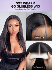 AiryFit™ Scalp Care Wigs - Silky Straight Middle Part Glueless 5x5 Closure Lace Long Wig Pre-Cut Lace