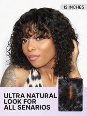 Beginner Friendly Water Wave Minimalist Lace Glueless Short Curly Wig with Bangs