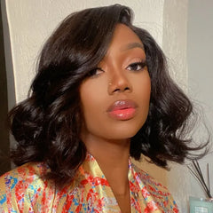 Elegant Natural Black Wavy Minimalist HD Lace Glueless C Part Short Wig 100% Human Hair - US Only