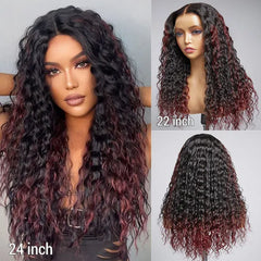 Burgundy Tails Highlight Deep Wave Glueless 13x4 Frontal HD Lace Long Wig 100% human hair