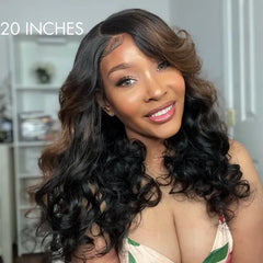 Brown Mix Black / Natural Black C Part Glueless Loose Wave 5x5 Closure Wig with Bangs - US Only