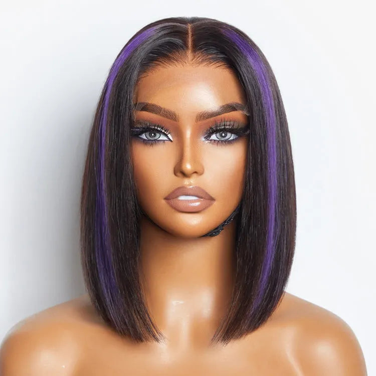 Purple Highlights Glueless 5x5 Closure HD Lace Bob Wig | Large & Small Cap Size