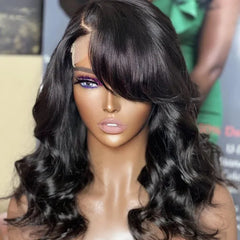 Graceful Natural Black Body Wave with Bangs 5x5 Closure Lace Glueless C Part Long Wig - US Only