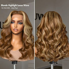 Honey Blonde Highlight Middle Part Bouncy Loose Wave Glueless 13x4 Frontal Lace Human Hair Wig