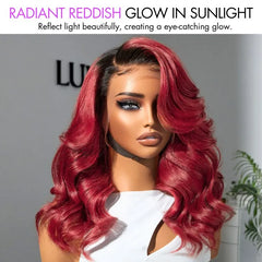 Gorgeous Loose Body Wave Red Hair Wig with Dark Roots Ear-to-Ear 13x4 Frontal Lace Wig