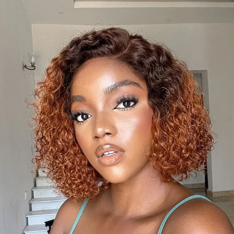 Trendy Mix Brown Short Cut Curly Minimalist HD Lace Glueless Side Part Curly Bob Wig 100% Human Hair