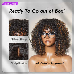 1 SEC INSTALL WIG | Brown Highlight / Natural Black Water Wave Natural Scalp Glueless Minimalist Lace Short Curly Wig with Bangs