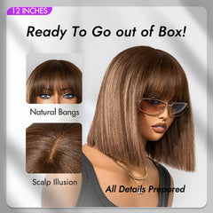 Ash Blonde Highlights with Dark Brown Base Yaki Blunt Cut Bob Wig with Bangs Glueless Minimalist Lace Short Wig