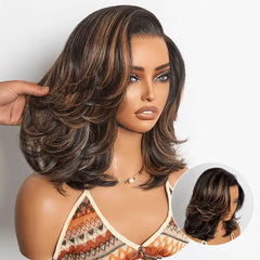 Brown Highlight Layered Wavy Butterfly Haircut Glueless Minimalist HD Lace Wig Pre-Cut Lace