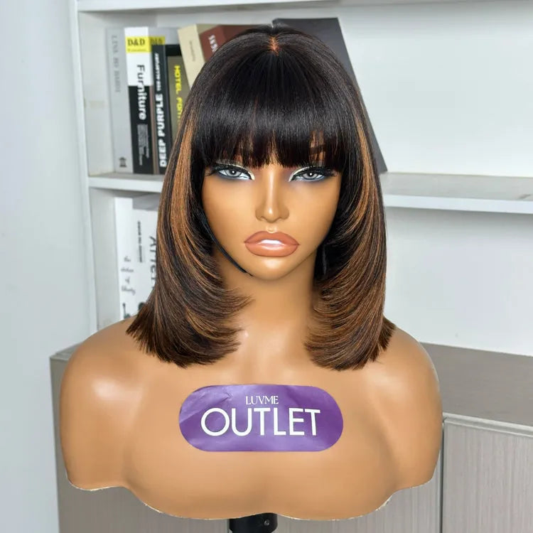 Outlet  |  Brown Highlight Yaki Bob Glueless Minimalist Lace Bob Wig with Bangs Breathable Cap