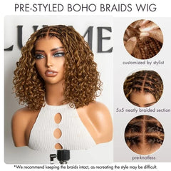 Readitress™ Ombre Brown Highlight Boho Braids Deep Curly Glueless 5x5 Closure Lace with Braided Top Human Hair Wig Pre-Cut Lace