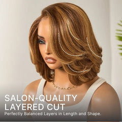 Toffee Brown Mix Blonde / Brown Highlight Layered Cut Glueless 5x5 Closure Lace Bob Wig Pre-cut Lace All-Day Comfort Cap