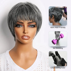 Salt & Pepper 100% Human Hair Short Pixie Cut Glueless Wig with Bangs Ultra Comfort Skin-Like Soft Care Hair Loss Friendly