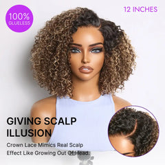 Blonde Highlight Short Cut Kinky Curly Minimalist HD Lace Glueless Wig Pre-Cut Lace
