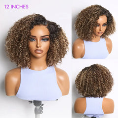 Blonde Highlight Short Cut Kinky Curly Minimalist HD Lace Glueless Wig Pre-Cut Lace