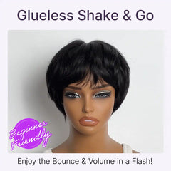 Throw On & Go Natural Black Pixie Cut with Bangs Glueless Minimalist Lace Wig