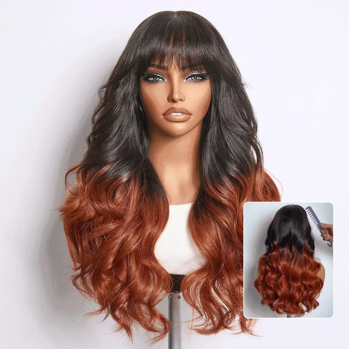 Ombre Reddish Brown Loose Wave Glueless 5x5 Closure Lace Wig with Bangs Pre-Cut Lace