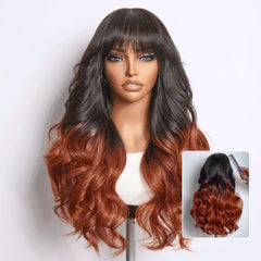 Ombre Reddish Brown Loose Wave Glueless 5x5 Closure Lace Wig with Bangs Pre-Cut Lace