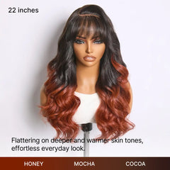 Ombre Reddish Brown Loose Wave Glueless 5x5 Closure Lace Wig with Bangs Pre-Cut Lace