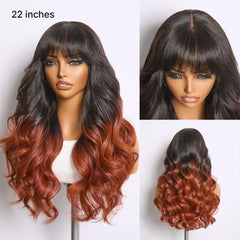 Ombre Reddish Brown Loose Wave Glueless 5x5 Closure Lace Wig with Bangs Pre-Cut Lace