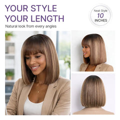 Beginner Friendly Honey Blonde Highlight Yaki Blunt Cut Bob Glueless Minimalist Lace Bob Wig with Bangs