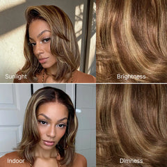 Blonde Highlight / Brown Highlight Short Layered Bob Wig Glueless 5x5 Closure Pre-Cut Lace Wig