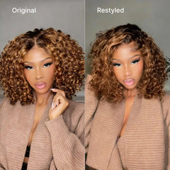 Warm Caramel Brown / Natural Black Deep Curly Glueless 5x5 Closure Pre-Cut Lace Wig