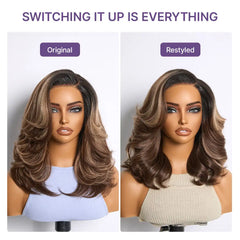 Caramel Brown Highlight Layered Haircut Wavy Glueless HD Minimalist Lace Wig Pre-Cut