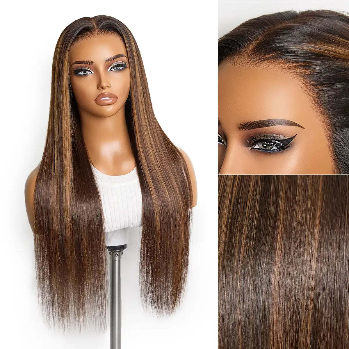 PreMax Wigs - Chestnut Brown with Honey Blonde Highlights Silky Straight 13x4 Frontal Lace Glueless Long Wig Pre-Cut Lace