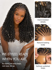 Natural Black Boho Cornrow Braids 13x4 Frontal Lace Deep Curly  Long Wig Pre-cut Lace