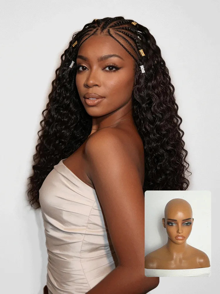 Boho Fulani Braids Water Wave 13x4 Frontal Lace Wig Pre-cut Lace Human Hair