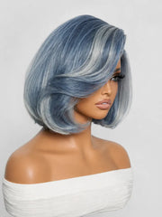 PreMax Wigs | Super Natural Hairline Smoky Blue with Silver Bob Glueless 13x4 Frontal Lace Human Hair Short Wig Pre-Cut Lace